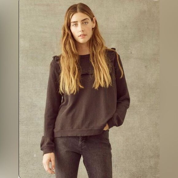 THE GREAT. Shrunken Bib Sweatshirt Women’s Size 1 Black Ruffled Collar Sweater - Picture 1 of 11